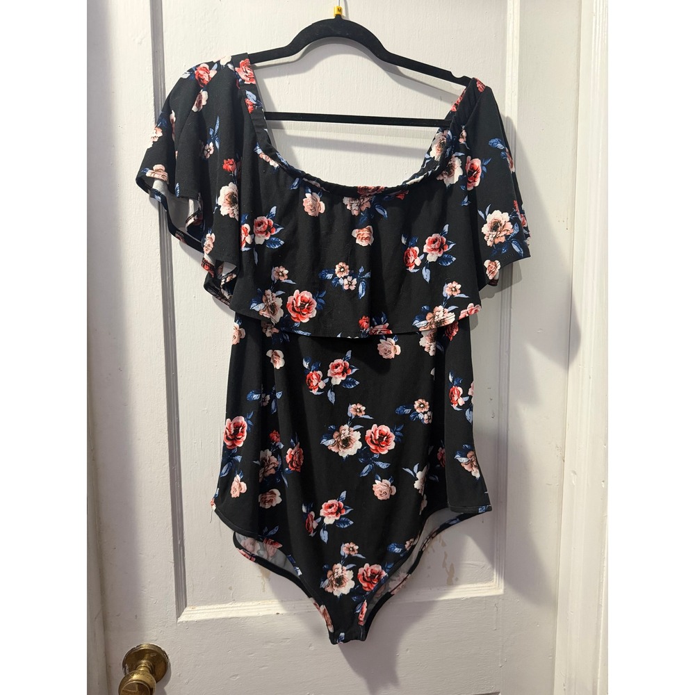 Rue21 Black Floral Off Shoulder Ruffle Bodysuit Women 2X Plus Size Short Sleeve